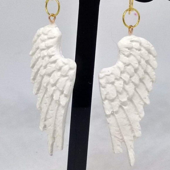 Unique Handmade Polymer Clay White Wing Earrings - Picture 3 of 5